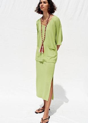 Класний трикотажний костюм зі спідницею кольору зеленого яблука zarа, розмір s-m 100% оригінал