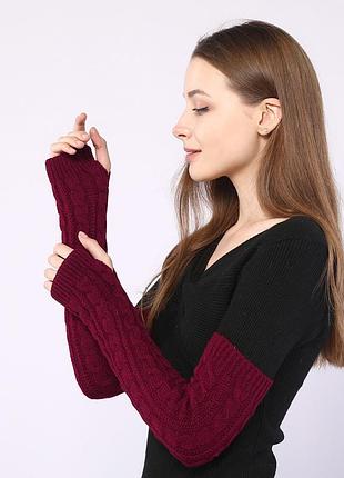 Митенки вязаные длинные бордовые 6905 текстурные ажурные винные one size 50 см