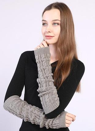 Митенки вязаные длинные серые 6931 текстурные ажурные графитовые one size 50 см