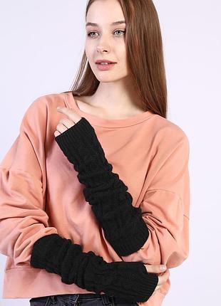 Митенки вязаные длинные черные 6900 текстурные ажурные черного цвета one size 50 см