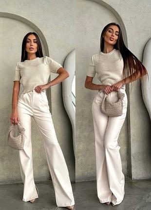 Женские брюки клеш из экокожи на замше, кожаные брюки, брюки с вырезами