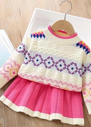 Костюм для дівчинки светрик та спідничка рожевий з білим