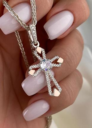 Оплата 100%🇺🇦 крестик серебро 925пробы золото 375пробы пластины, куб.цирконии кулон подвес 0107.55