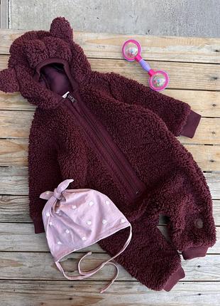 Дитячий хутряний комбінезон ведмедик musli + шапка cool club, бордовий 6-9 м