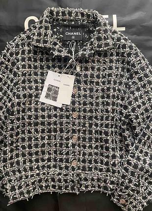 Жакет бомбер твидовый шaнeль в черно-белую клетку в наличии