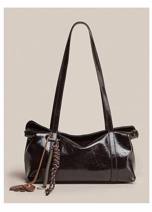 Якісна шкіряна коричнева/шоколадна лакована сумка багет, шопер.