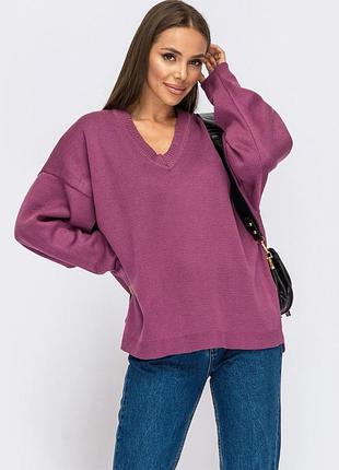 Женский в"язаный джемпер свободного кроя, с удлиненной спинкой и v-образным вырезом, оверсайз 42-48
