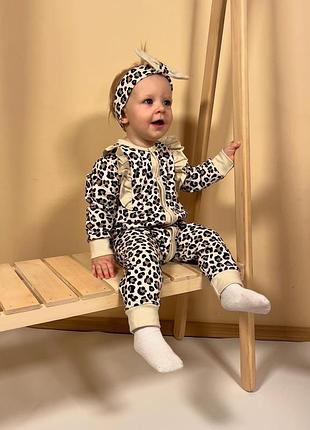 Комбінезон з начосом для дівчаток з пов'язкою в леопардовому принті 68 та 74 розміру.