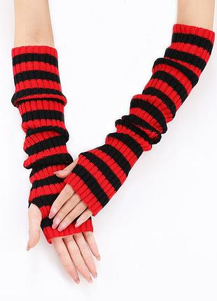 Митенки длинные в рубчик полосатые 6964 красно-черные за локоть мышки 50 см