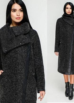 Пальто женское без подкладки, шерсть букле bouclet alpaca, черный, р.44-54, украина