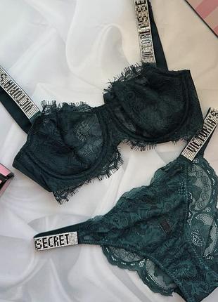 Изумрудный (зеленый) комплект женского белья виктория сикрет