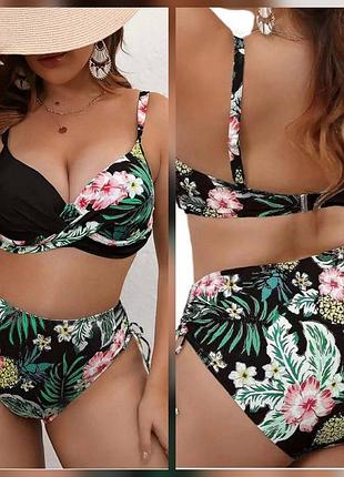 Купальник раздельный, черный, тропический принт, большой размер, xl.