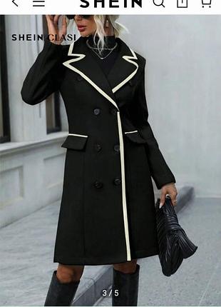 Двубортное женское черное пальто shein clasis контрастной окантовкой черный тренч.черное женское пальто с двойным бортом от shein.