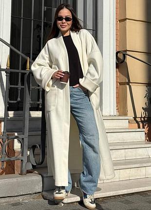 Кардиган женский кашемировый длинный миди на запах с поясом и карманами стильный повседневный миндаль бежевый