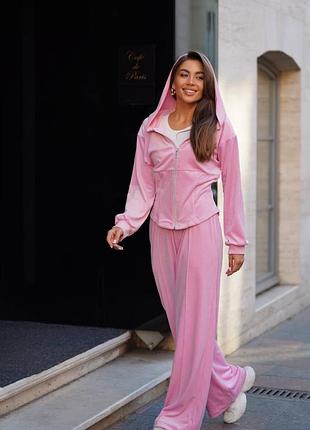 Женский розовый теплый плюшевый велюровый костюм | 065