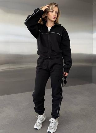 Костюм женский теплый на флисе спортивный комплект кофта на молнии и штаны джоггеры повседневный стильный черный