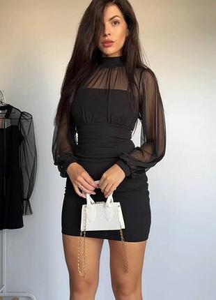 Жіноча міні сукня з прозорими рукавами сіткою облягаюча, коротке плаття з завʼязками на шиї і замком позаду