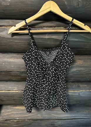 Майка топ shein короткий, чорний в біле сердечко, вузлик на грудях, розмір xs, xxs, 34