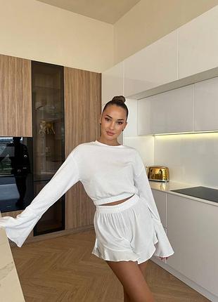 Женская нежная молочная пижама в рубчик | 203