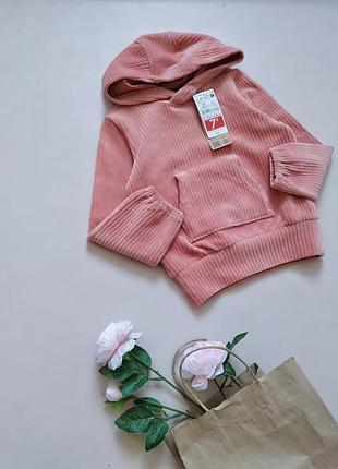 🩵💛 мягкая, велюровая худи с капюшоном для девочки в рубчик от бренда 💞 kiabi