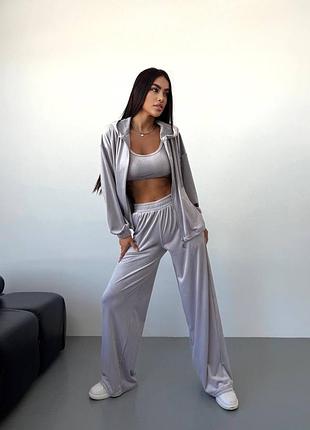 Женский серый велюровый костюм тройка | кофта, топ, брюки | 8815