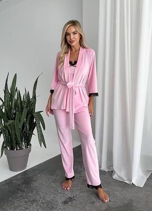 Велюровый домашний костюм тройка с кружевом пижама с кофтой на запах с майкой на бретелях с брюками