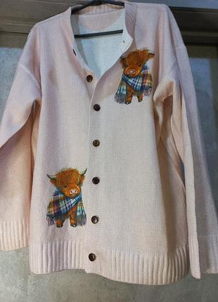 Красивая, нежная, стильная, кофта на пуговицах, кардиган, вязаный, нежно розовый, освободная