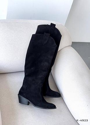 Высокие ковбойки, черный, натуральная замша, деми/зима