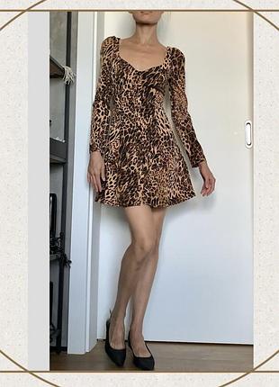 Шифон леопард принт міні сукня довгий рукав буфи коротке плаття ґудзики кльош класика oldmoney y2k oh