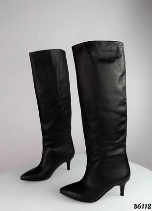 ▪️жіночі чорні шкіряні високі чоботи байка осінь зима натуральна шкіра маленький каблук женские черные кожаные сапоги осень зима натуральная кожа