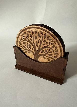 Набір підставок під чашки (костерів) з гравіюванням дерево життя 4 шт + холдер для зберігання