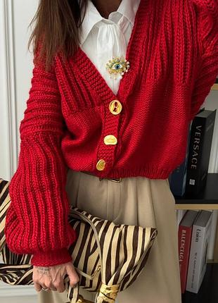 Кардиган оверсайз велика в'язка червоний бежевий золоті ґудзики