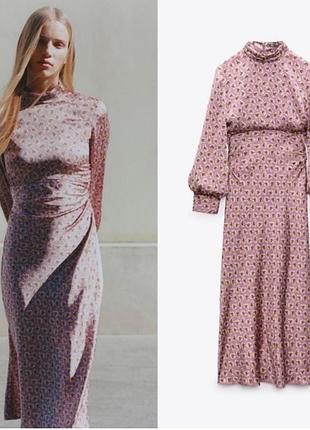 Атласное платье миди с длинными рукавами zara