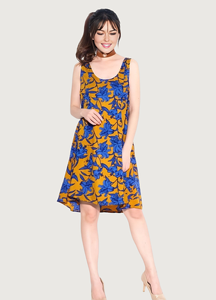 Брендовое вискозное свободное платье "h&m" горчичное с синим цветочным принтом. размер eur40.