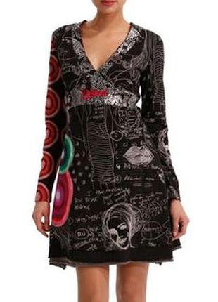 Desigual платье 40-42 принт трикотаж хлопок черное туника яркий принт авангард романтик готик длинный рукав