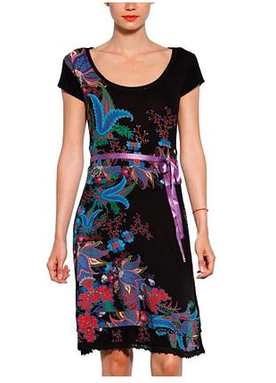 Desigual  44 длинное черное с ярким принтом платье короткий рукав миди платьице цветы авангард гранж