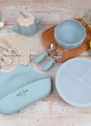 Набор силиконовой детской посуды для прикорма на присосках из пищевого силикона кактус с обучающими ложками голубой