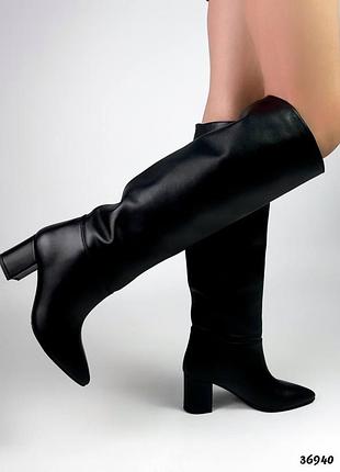 Жіночі чорні шкіряні чоботи труби каблук натуральна шкіра фліс осінь зима, женские черные кожаные сапоги трубы каблук натуральная кожа флис осень зима