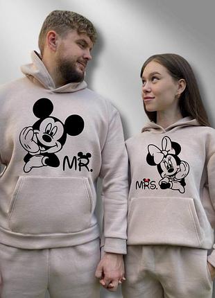 Парные худи теплые с капюшоном, таш, принт "микки и минные маус"(74)