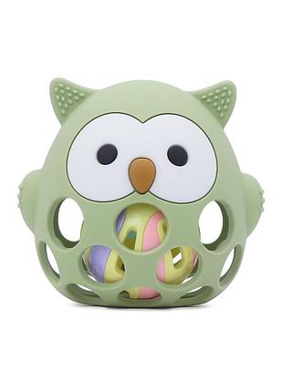 Силиконовый грызунок прорезыватель погремушка сова cheeks оливковый 2 в 1
