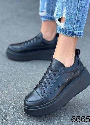 Кеды женские на высокой подошве натуральная кожа черные, кожаные женские кроссовки на платформе 66654