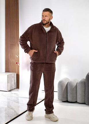 Флисовый спортивный костюм с кофтой на молнии с брюками с кулисками затяжками снизу