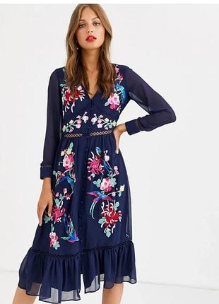 Платье миди с вышивкой с длинным рукавом  на пуговицах. asos