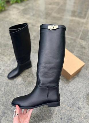 Чоботи труби жокей, херме з натуральної чорної шкіри без блискавки , на низькому ході