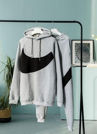Зимний мужской спортивный костюм, серый спортивный костюм с капюшоном