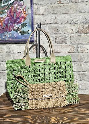 Сумка женская зеленая вязаная с клатчем