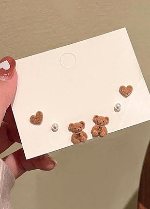Набор сережек 3 пары мишки сердце жемчужинки серьги для мочки и хряща