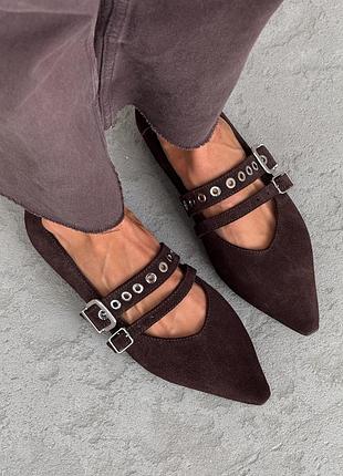 Натуральные замшевые туфли - балетки цвета шоколад с острым носом на низком ходу