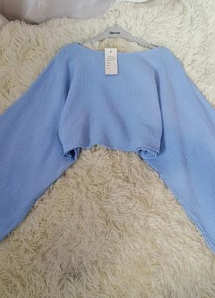 Блуза топ широкие рукава колокола натуральный хлопок муслин вырез лодочка