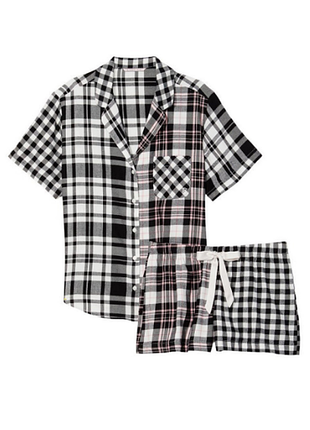 Victorias secret летняя пижама шорты и рубашка black laquer plaid flanel short pajama